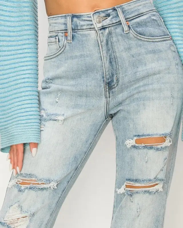 HIGH RISE DISTRESSED STRAIGHT JEANS - Jeans