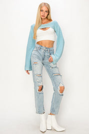 HIGH RISE DISTRESSED STRAIGHT JEANS - Jeans