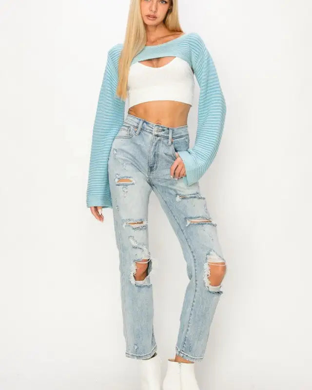 HIGH RISE DISTRESSED STRAIGHT JEANS - Jeans