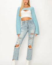 HIGH RISE DISTRESSED STRAIGHT JEANS - Jeans