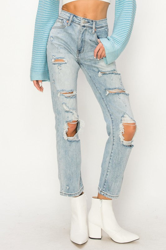 HIGH RISE DISTRESSED STRAIGHT JEANS - Jeans