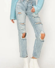 HIGH RISE DISTRESSED STRAIGHT JEANS - Jeans