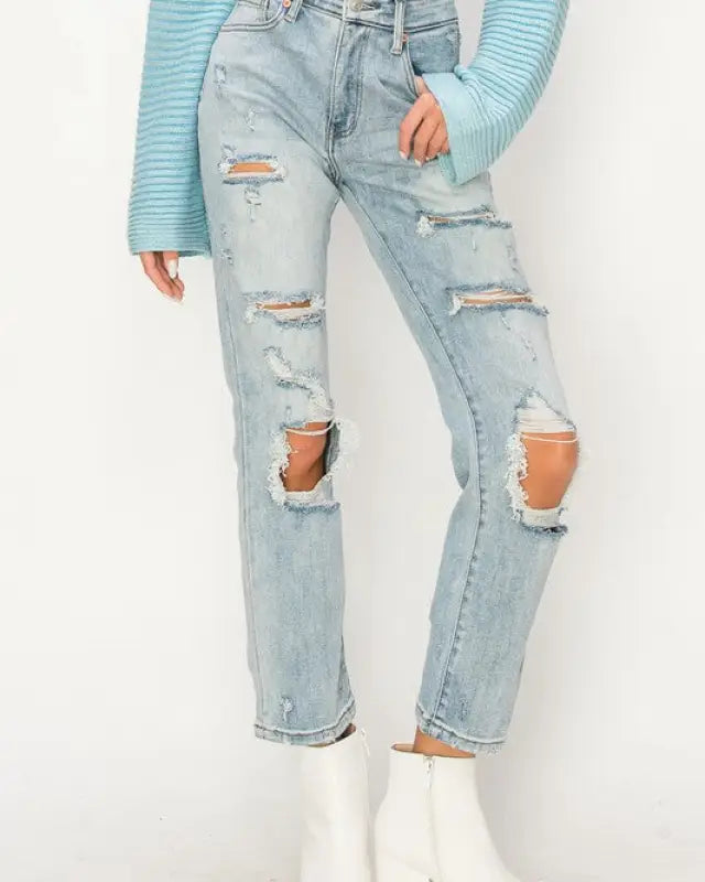 HIGH RISE DISTRESSED STRAIGHT JEANS - Jeans