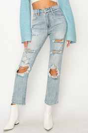 HIGH RISE DISTRESSED STRAIGHT JEANS - Light Stone Wash / 5 - Jeans