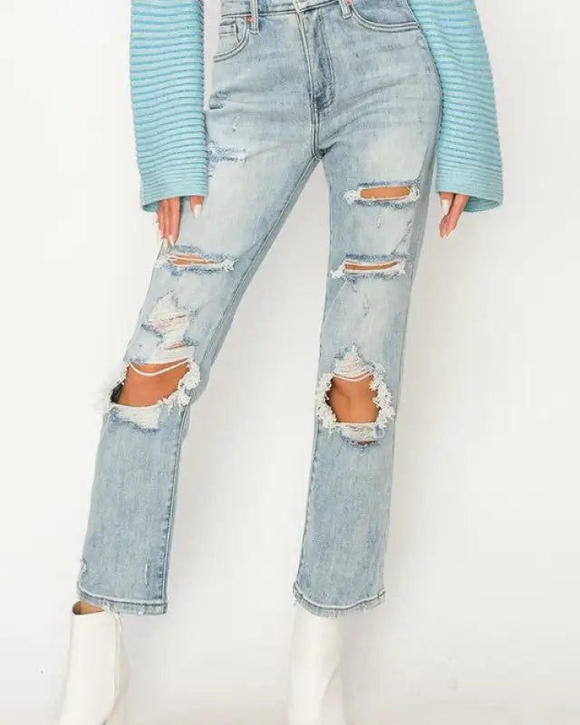 HIGH RISE DISTRESSED STRAIGHT JEANS - Light Stone Wash / 5 - Jeans