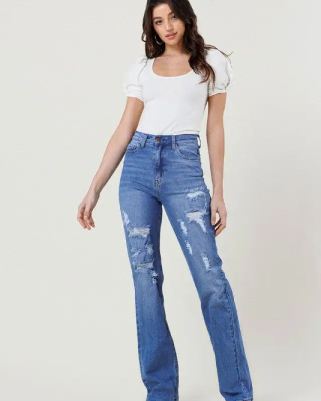 High Rise Distressed Straight Leg Jeans