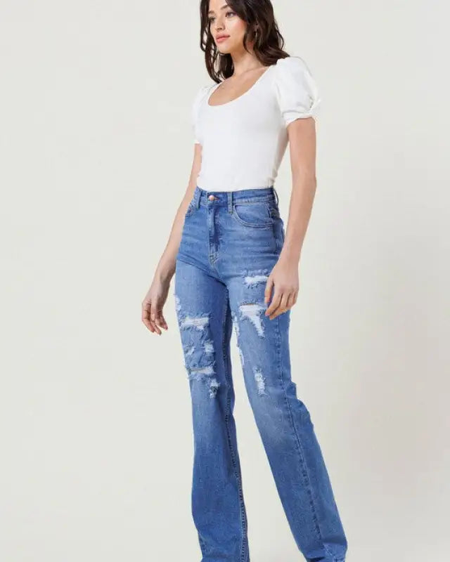 High Rise Distressed Straight Leg Jeans