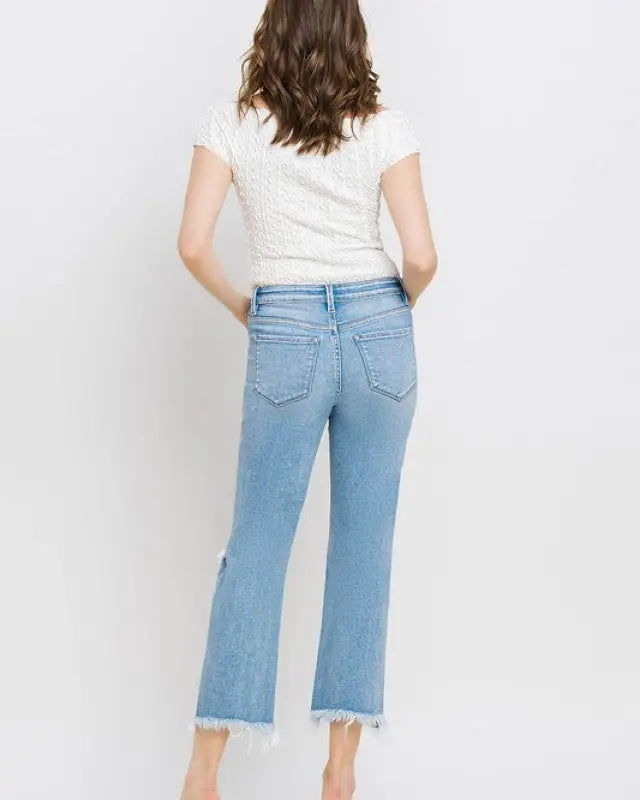 High Rise Frayed Hem Crop Straight Jeans