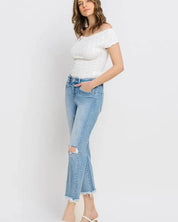 High Rise Frayed Hem Crop Straight Jeans