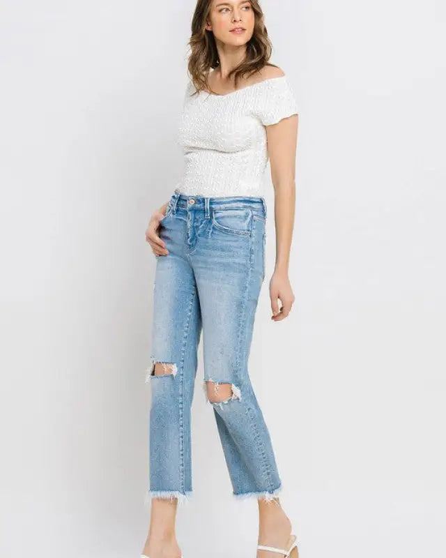 High Rise Frayed Hem Crop Straight Jeans