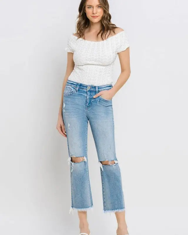 High Rise Frayed Hem Crop Straight Jeans