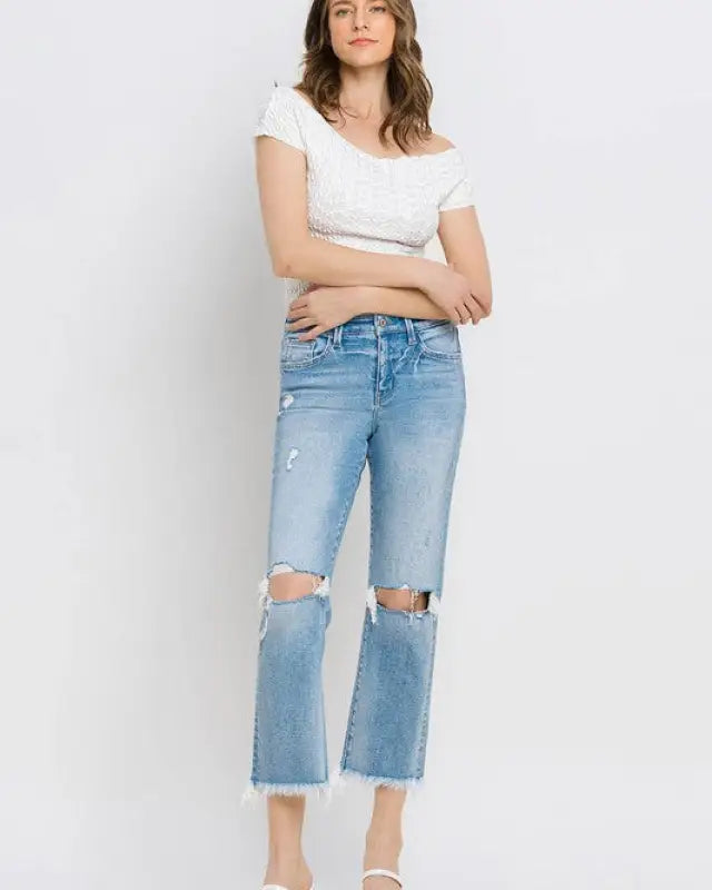 High Rise Frayed Hem Crop Straight Jeans