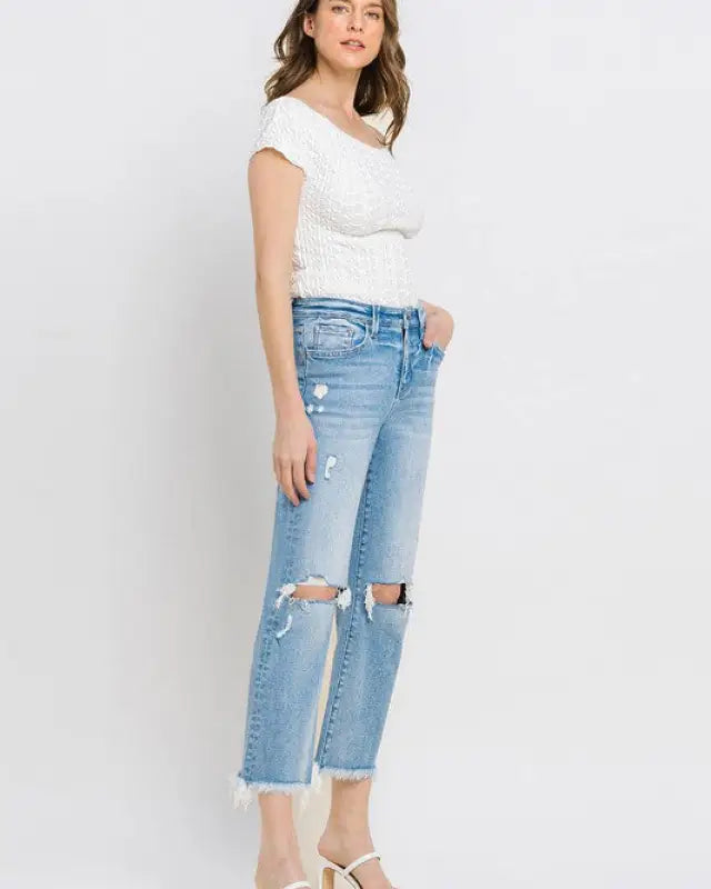 High Rise Frayed Hem Crop Straight Jeans