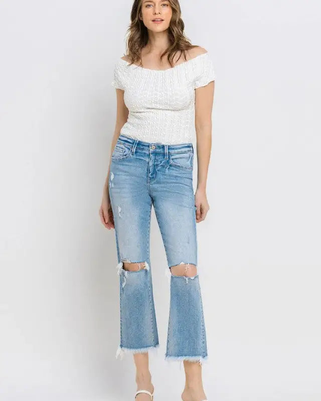 High Rise Frayed Hem Crop Straight Jeans