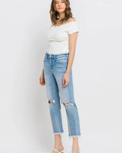 High Rise Frayed Hem Crop Straight Jeans