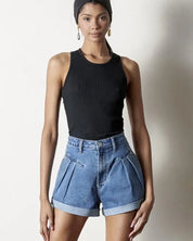 High Rise Roll Up Denim Shorts