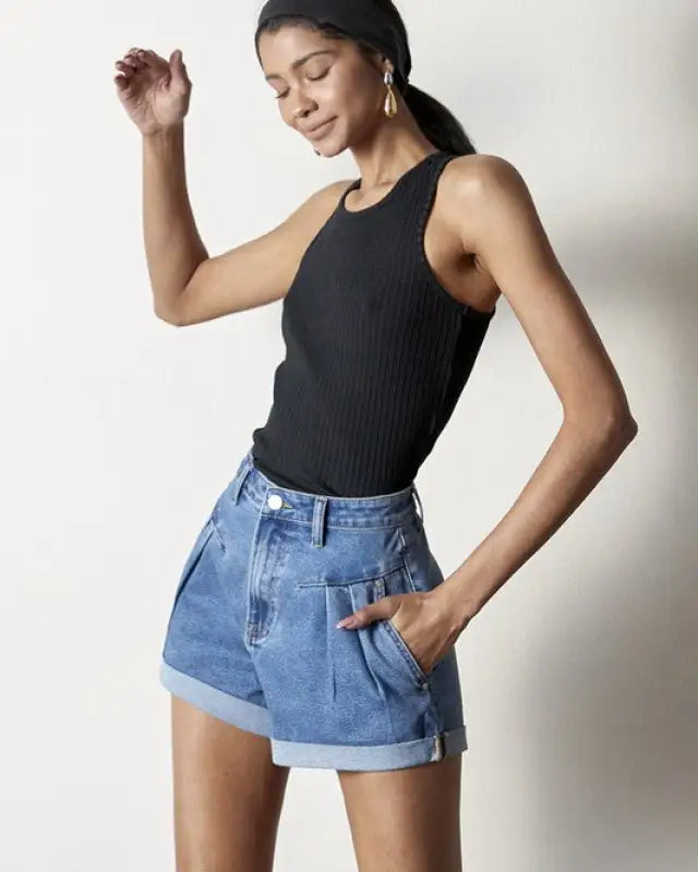 High Rise Roll Up Denim Shorts