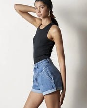 High Rise Roll Up Denim Shorts