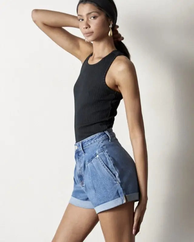 High Rise Roll Up Denim Shorts