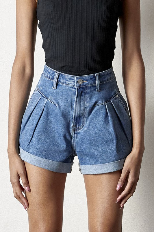 High Rise Roll Up Denim Shorts - MEDIUM / L