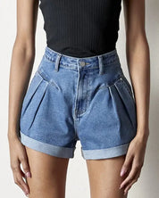 High Rise Roll Up Denim Shorts - MEDIUM / L