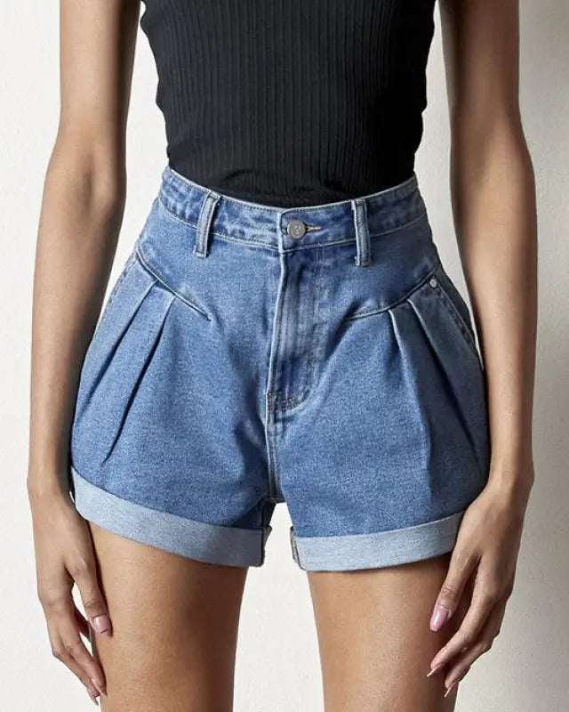 High Rise Roll Up Denim Shorts - MEDIUM / L