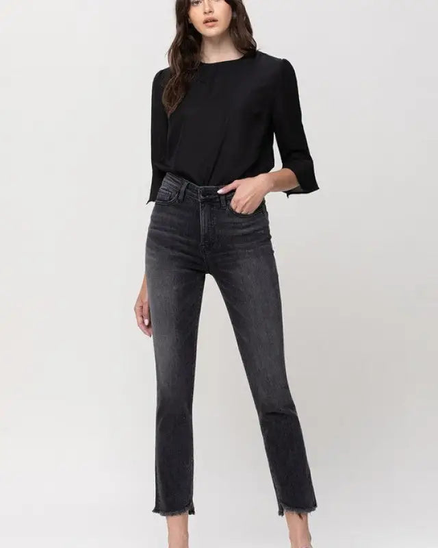 High Rise Straight Crop with Uneven Hem Details