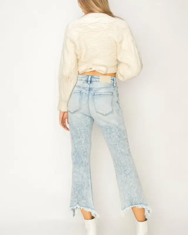 High Rise Stretch Crop Flare With Frayed Hem Jeans