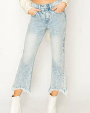 High Rise Stretch Crop Flare With Frayed Hem Jeans