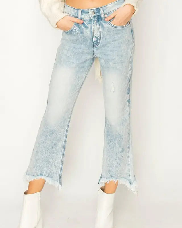 High Rise Stretch Crop Flare With Frayed Hem Jeans