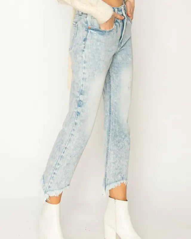 High Rise Stretch Crop Flare With Frayed Hem Jeans