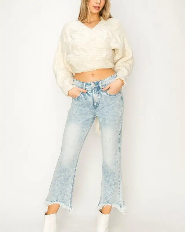 High Rise Stretch Crop Flare With Frayed Hem Jeans