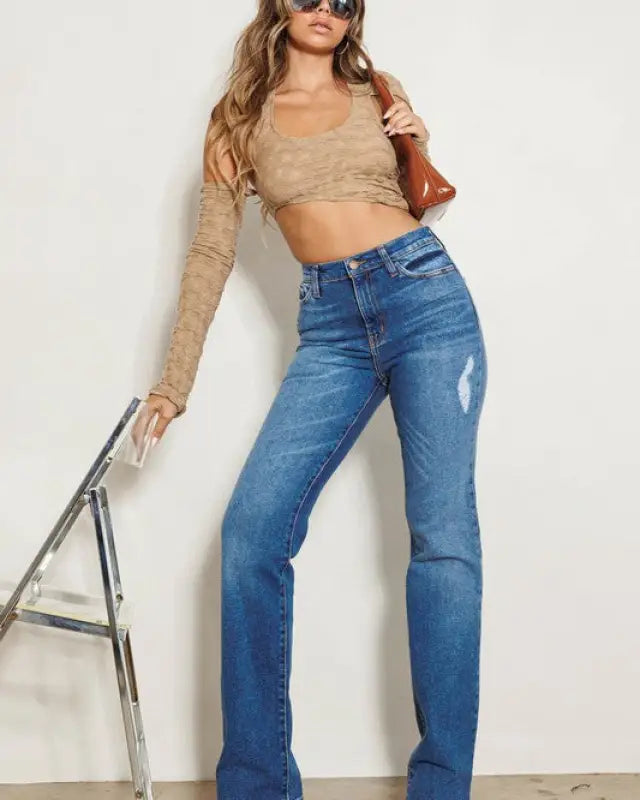 High Rise Subtle Distressed Straight Jeans