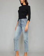 Kancan High Waist Button Fly Raw Hem Cropped Straight Jeans - Jeans