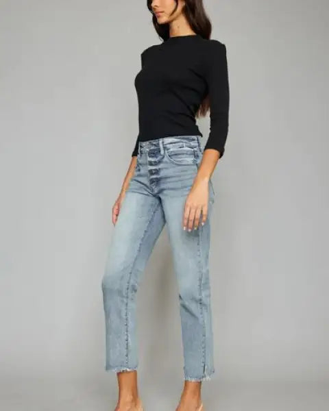 Kancan High Waist Button Fly Raw Hem Cropped Straight Jeans - Jeans