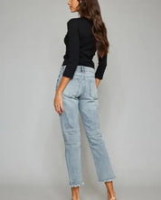 Kancan High Waist Button Fly Raw Hem Cropped Straight Jeans - Jeans