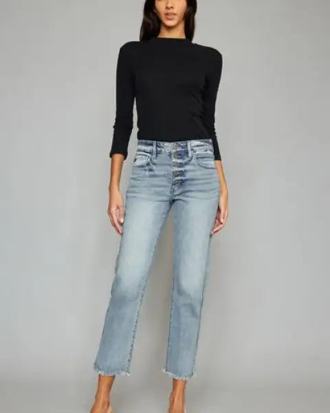 Kancan High Waist Button Fly Raw Hem Cropped Straight Jeans - Jeans