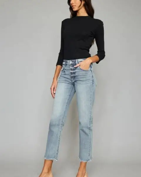 Kancan High Waist Button Fly Raw Hem Cropped Straight Jeans - Jeans