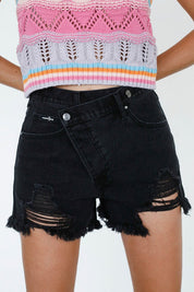 High Waist Crossover Denim Mom Shorts - BLACK / L