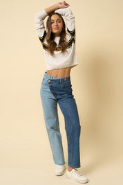 High Waist Crossover Straight Jeans - BLUE/COMBO / 1