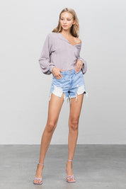 HIGH WAIST DISTRESSED SHORTS - LIGHT / S