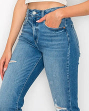 High Waist Slim Destroyed Cuffed Jeans