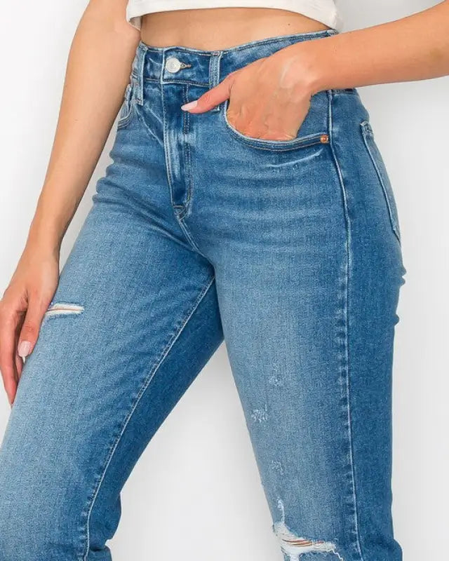 High Waist Slim Destroyed Cuffed Jeans