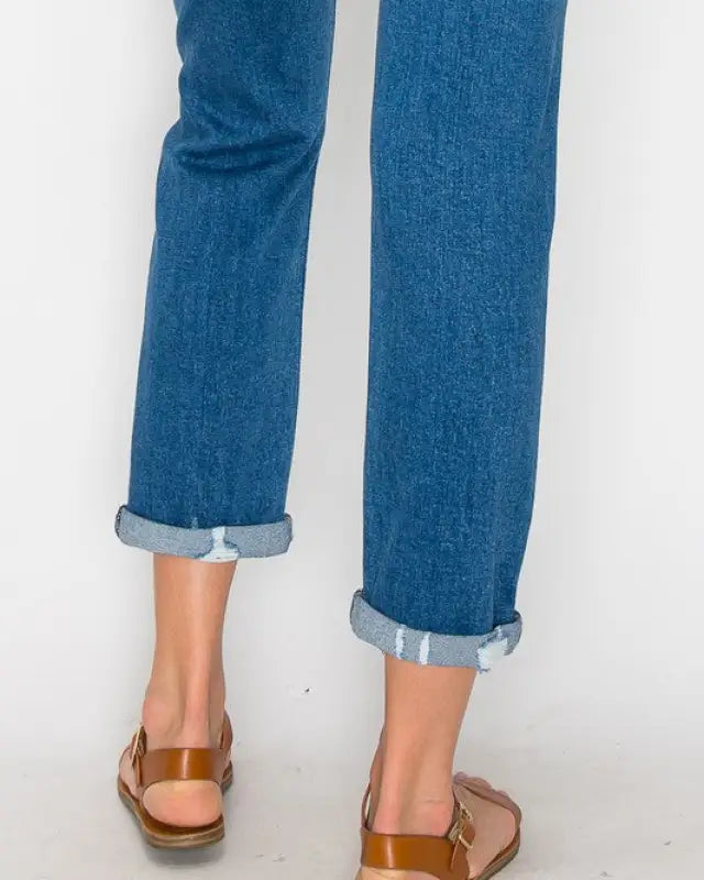 High Waist Slim Destroyed Cuffed Jeans