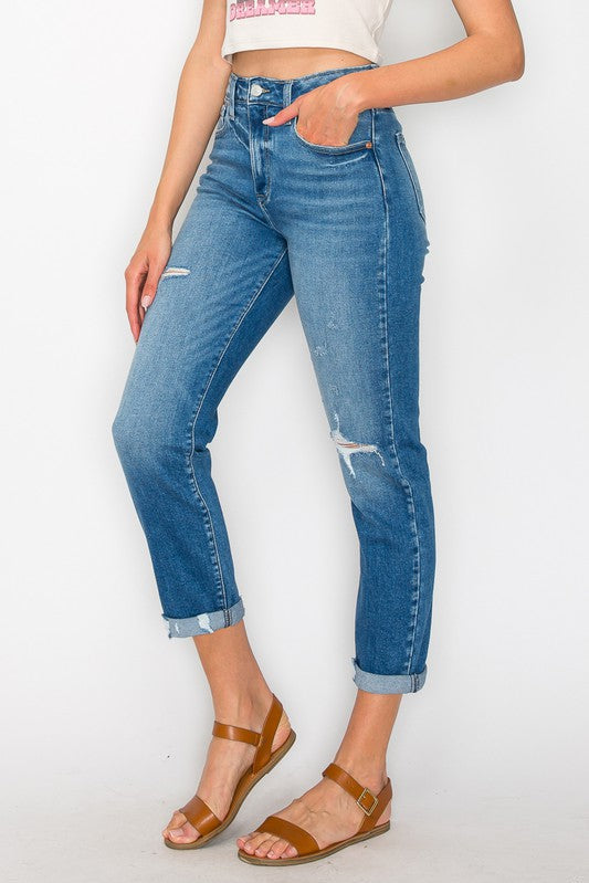 High Waist Slim Destroyed Cuffed Jeans