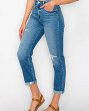 High Waist Slim Destroyed Cuffed Jeans