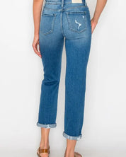 High Waist Slim Destroyed Cuffed Jeans