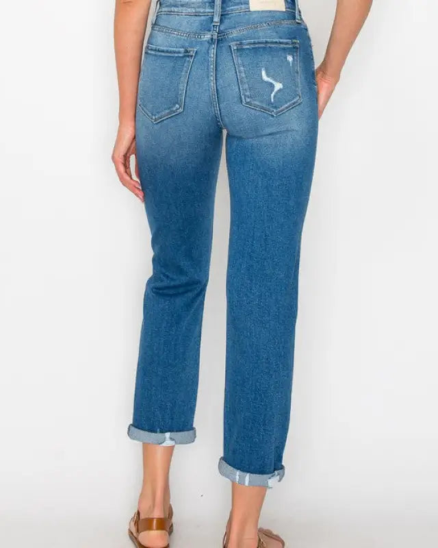 High Waist Slim Destroyed Cuffed Jeans