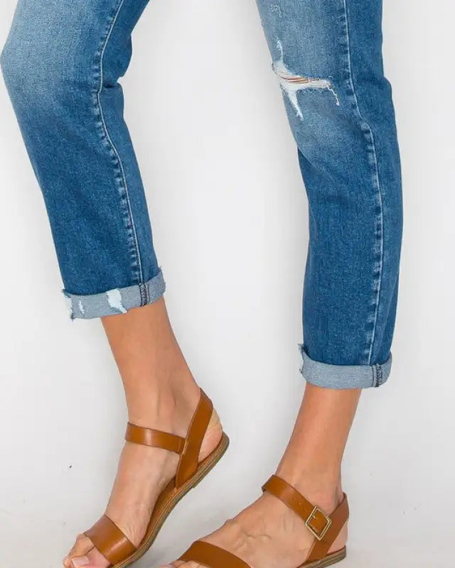 High Waist Slim Destroyed Cuffed Jeans