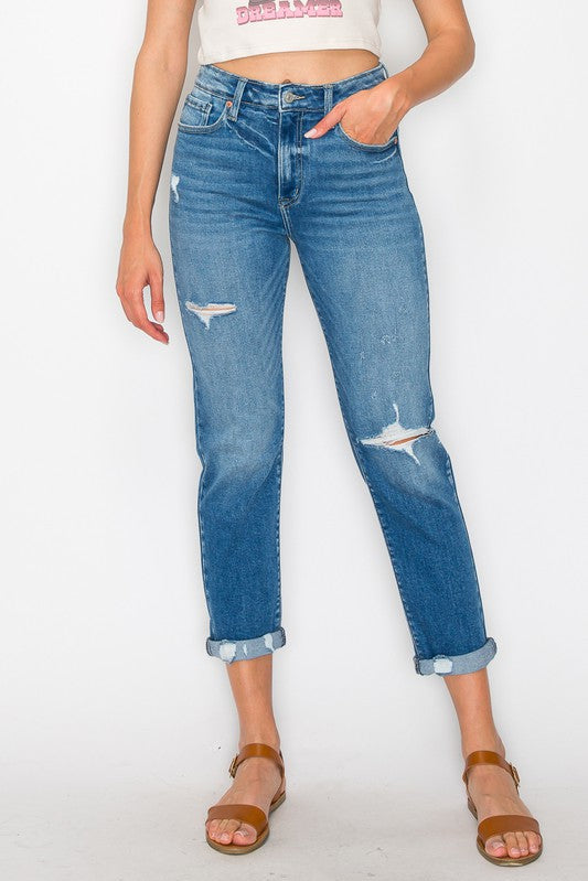 High Waist Slim Destroyed Cuffed Jeans